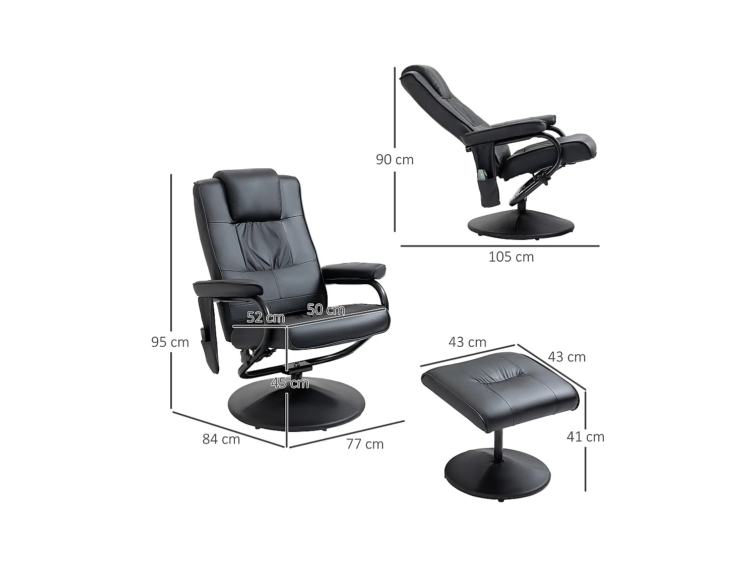 Fauteuil de massage et relaxation électrique pivotant inclinable avec repose-pied revêtement synthétique noir