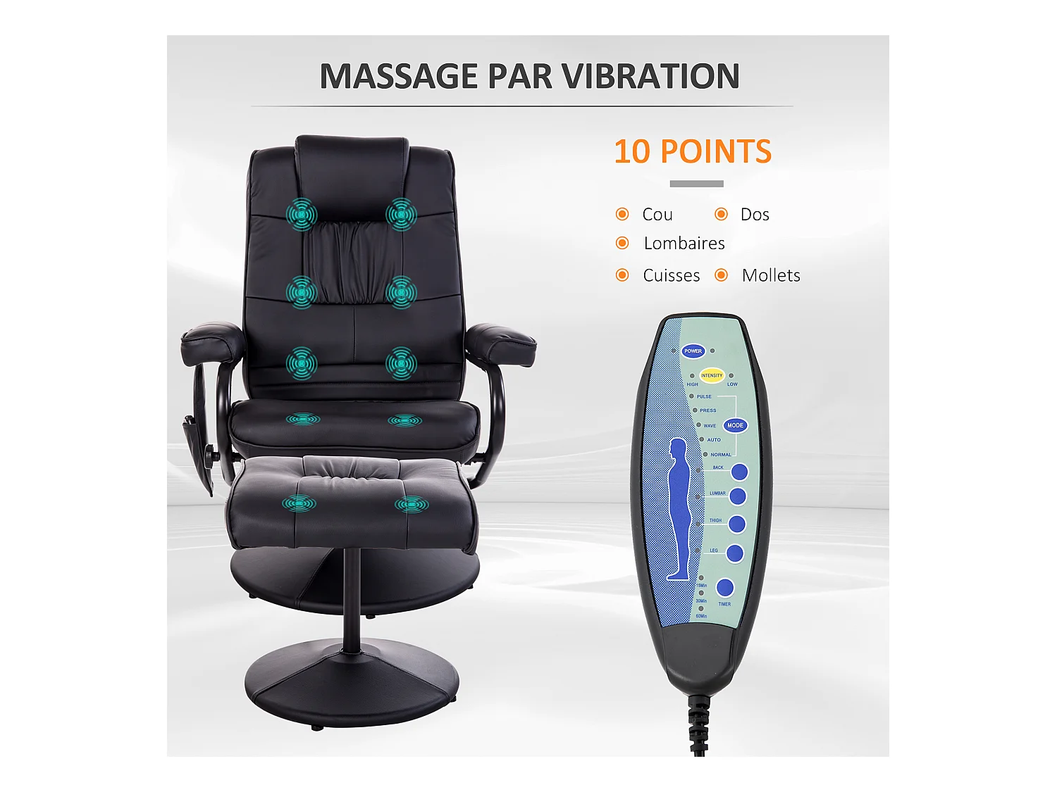 Fauteuil de massage et relaxation électrique pivotant inclinable avec repose-pied revêtement synthétique noir