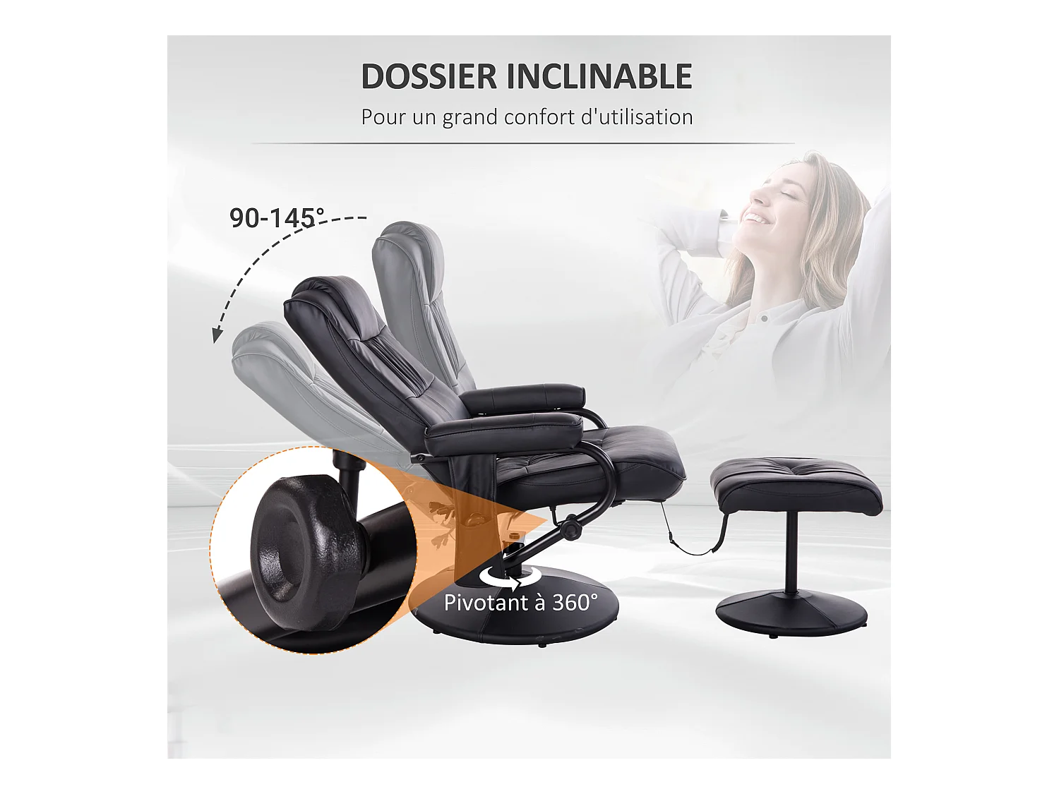 Fauteuil de massage et relaxation électrique pivotant inclinable avec repose-pied revêtement synthétique noir