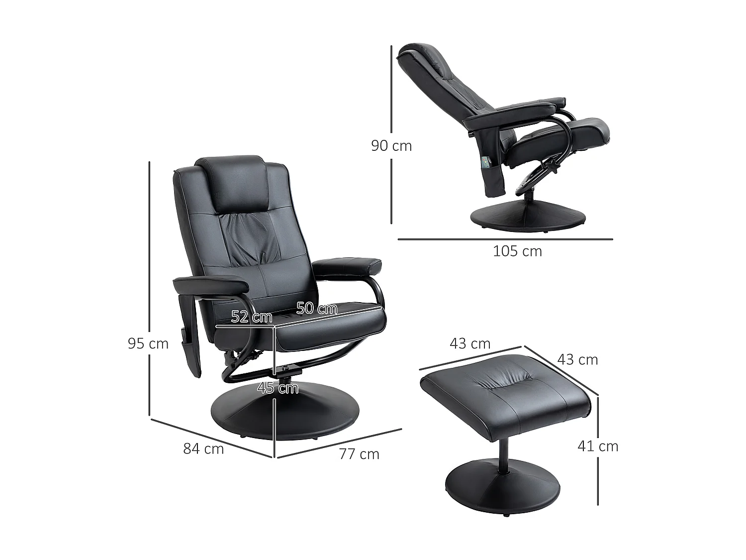 Fauteuil de massage et relaxation électrique pivotant inclinable avec repose-pied revêtement synthétique noir