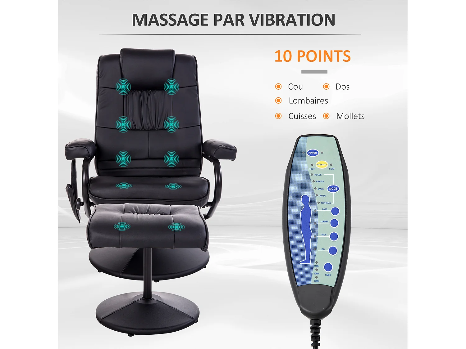 Fauteuil de massage et relaxation électrique pivotant inclinable avec repose-pied revêtement synthétique noir