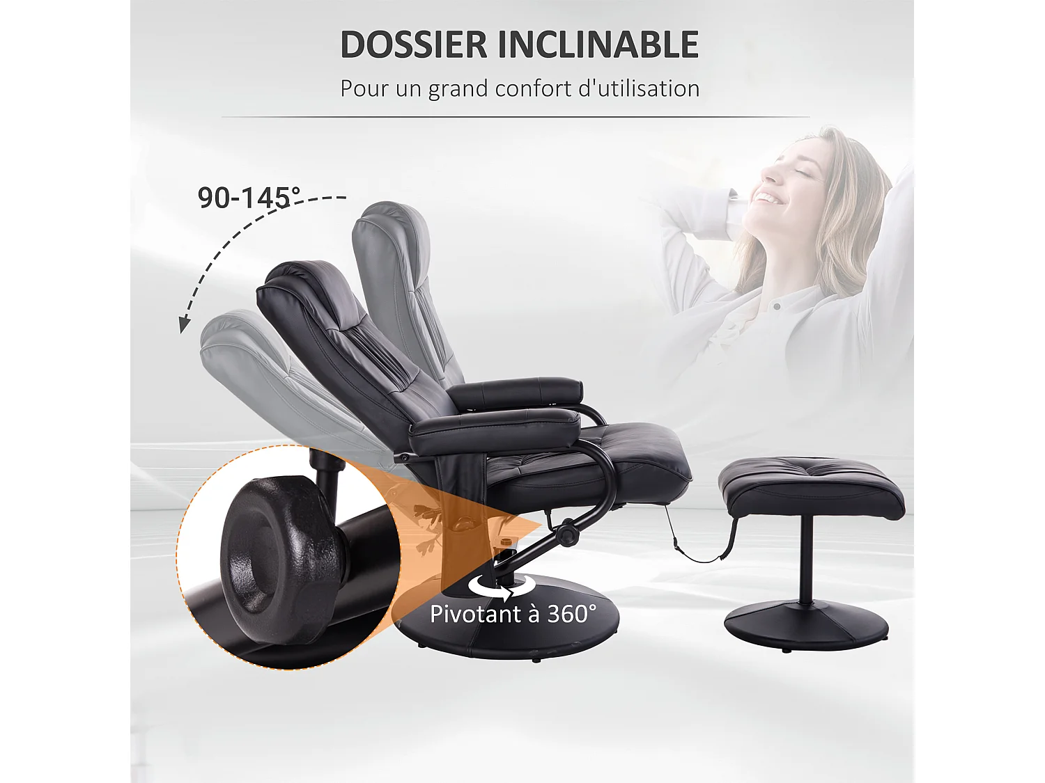Fauteuil de massage et relaxation électrique pivotant inclinable avec repose-pied revêtement synthétique noir