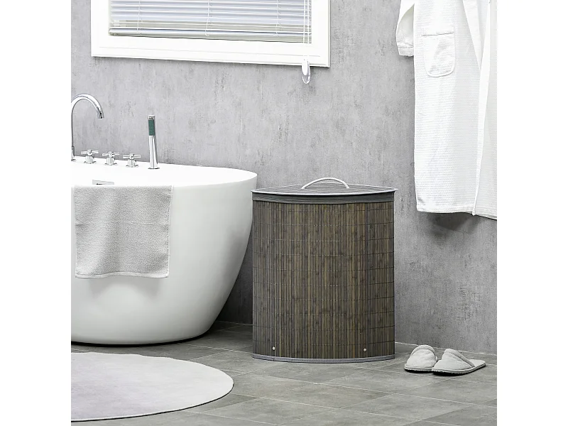 Panier à linge d'angle corbeille à linge bac à linge 55 L couvercle sac amovible poignée bambou tissu gris