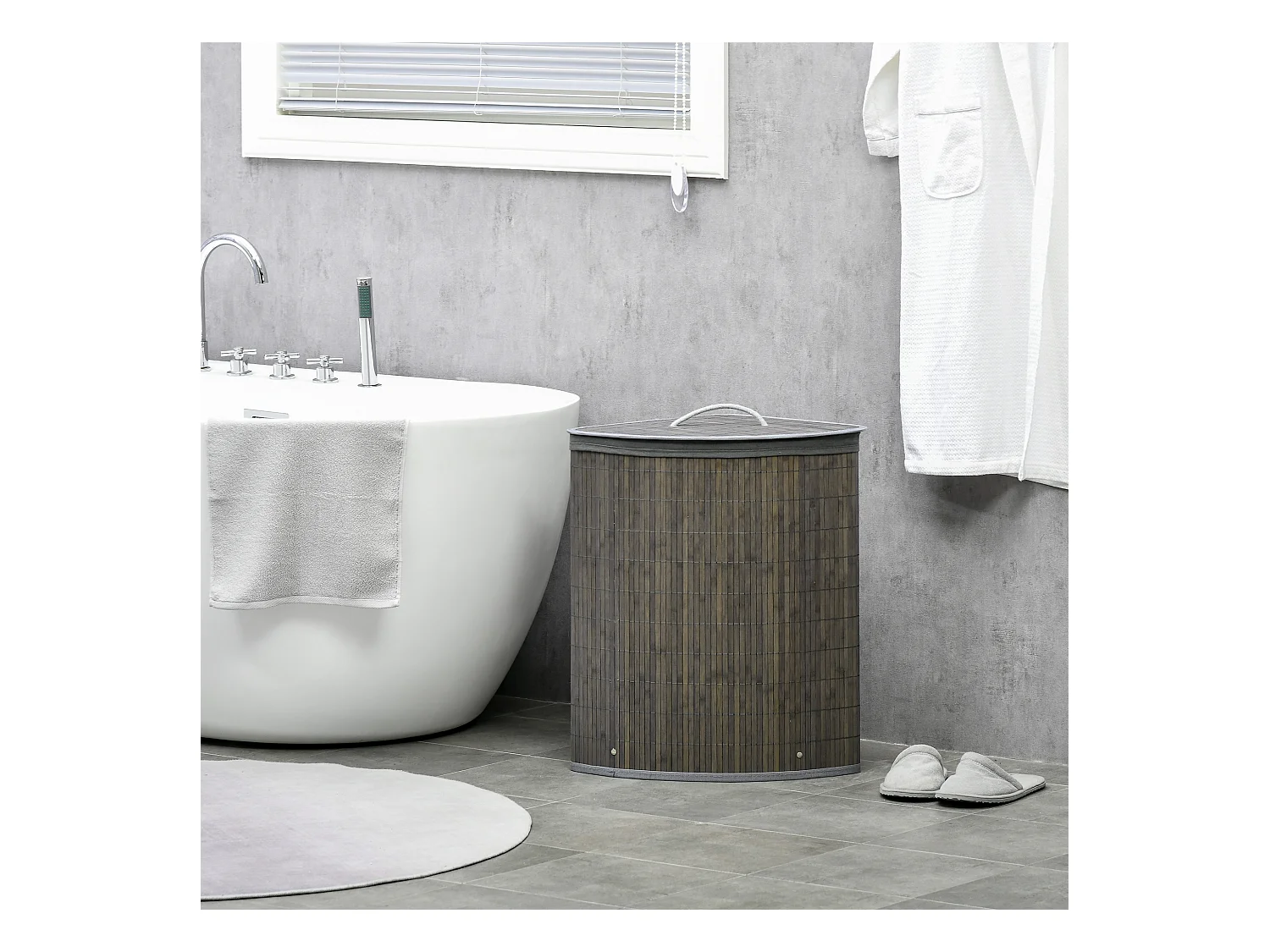 Panier à linge d'angle corbeille à linge bac à linge 55 L couvercle sac amovible poignée bambou tissu gris