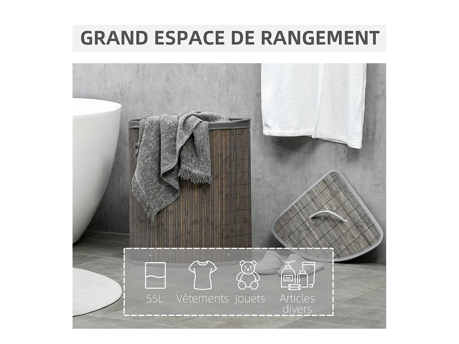 Panier à linge d'angle corbeille à linge bac à linge 55 L couvercle sac amovible poignée bambou tissu gris