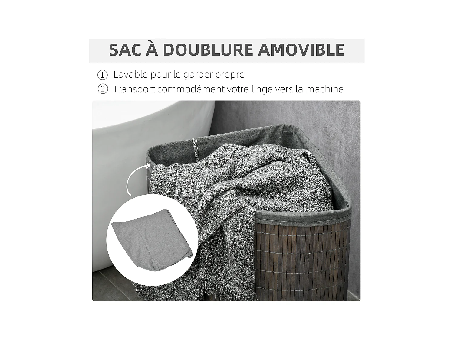 Panier à linge d'angle corbeille à linge bac à linge 55 L couvercle sac amovible poignée bambou tissu gris