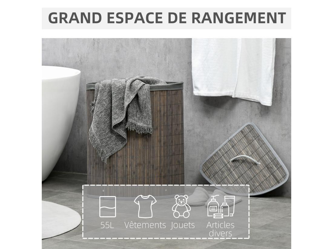 vente unique Panier à linge d'angle corbeille à linge bac à linge 55 L couvercle sac amovible poignée bambou tissu gris