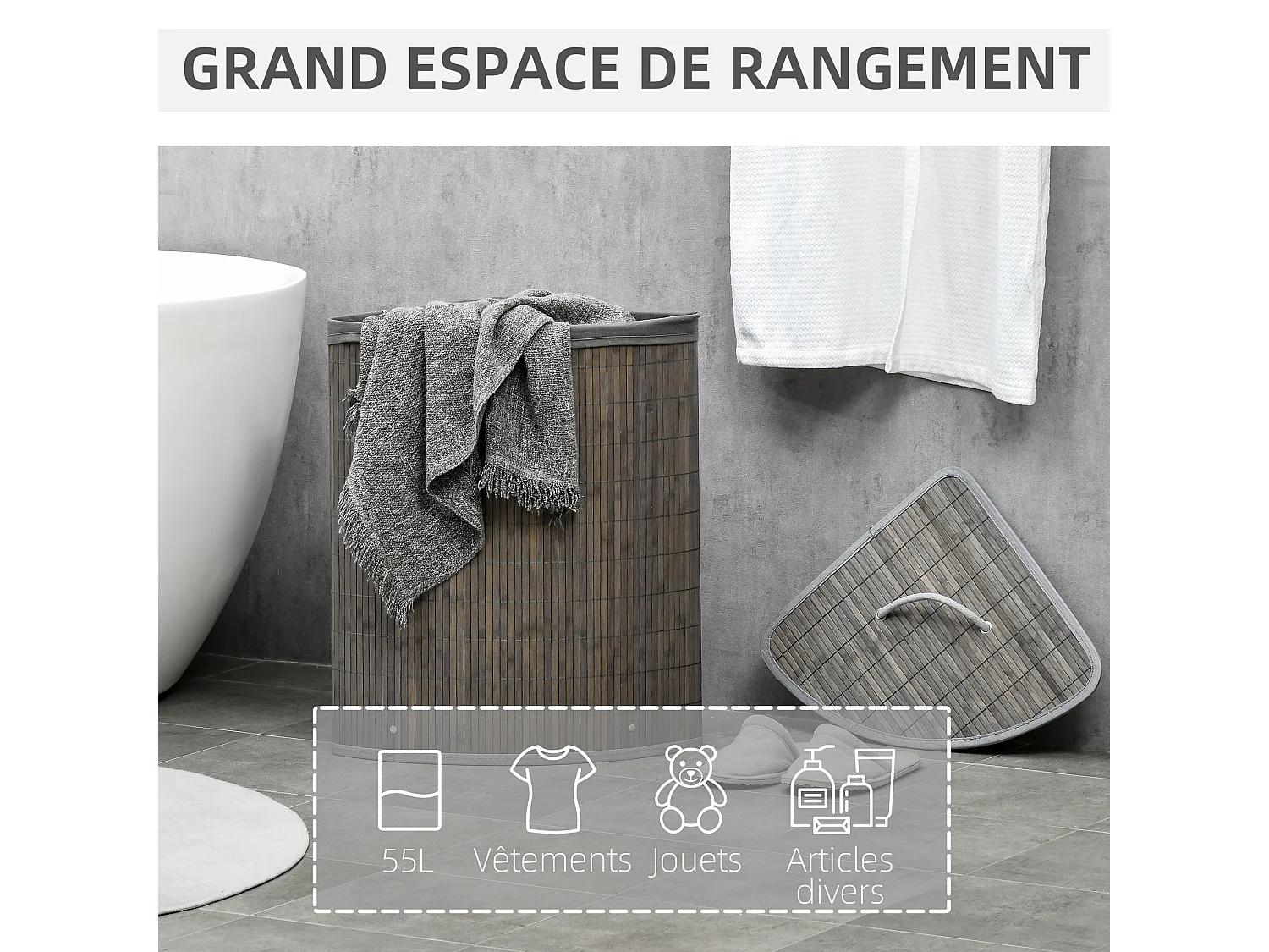 Panier à linge d'angle corbeille à linge bac à linge 55 L couvercle sac amovible poignée bambou tissu gris