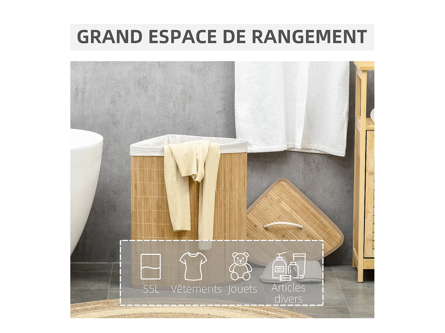Panier à linge d'angle corbeille à linge bac à linge 55 L couvercle sac amovible poignée bambou tissu