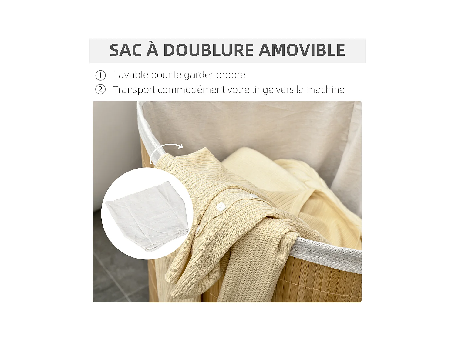 Panier à linge d'angle corbeille à linge bac à linge 55 L couvercle sac amovible poignée bambou tissu