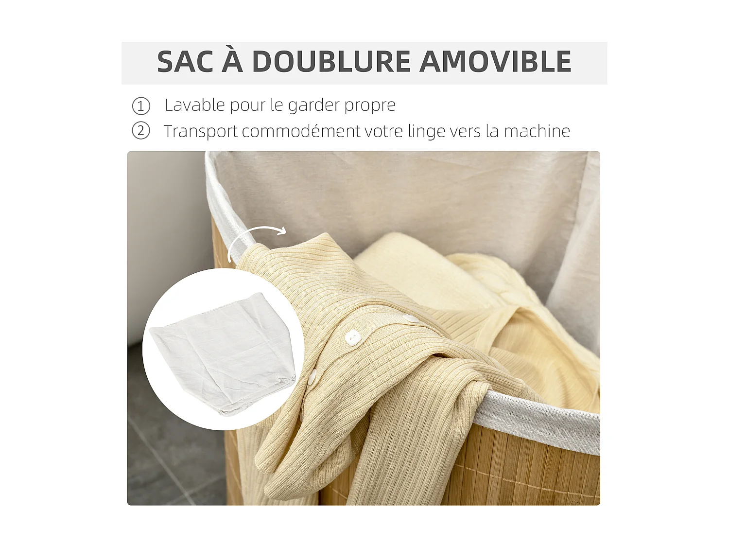 Panier à linge d'angle corbeille à linge bac à linge 55 L couvercle sac amovible poignée bambou tissu