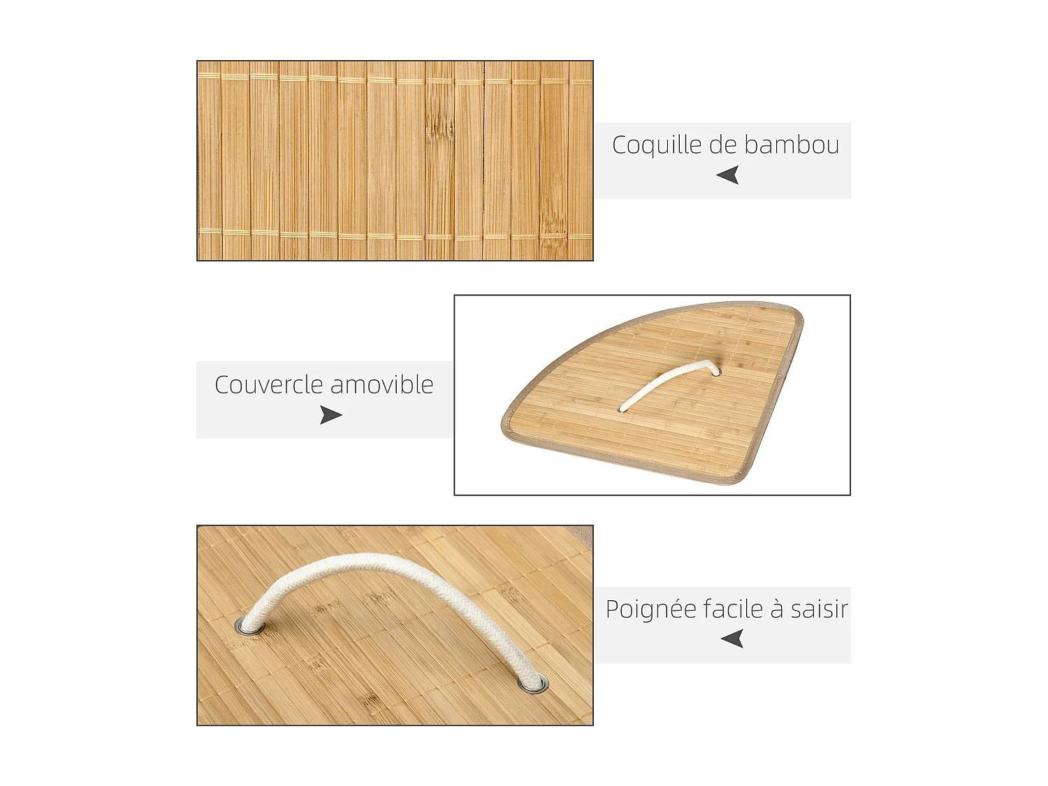 Panier à linge d'angle corbeille à linge bac à linge 55 L couvercle sac amovible poignée bambou tissu