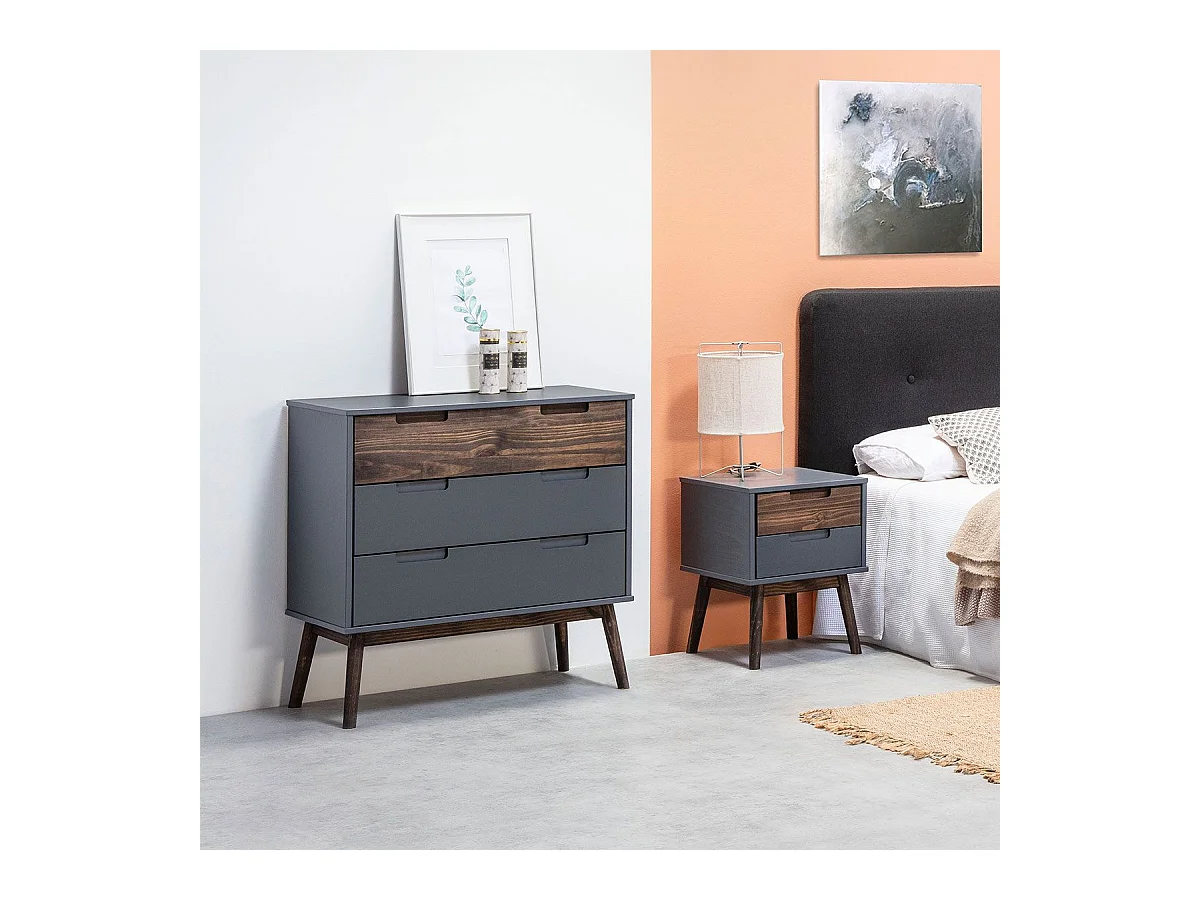 ESTRELLA - Commode 3 Tiroirs Pin Massif Gris et Naturel