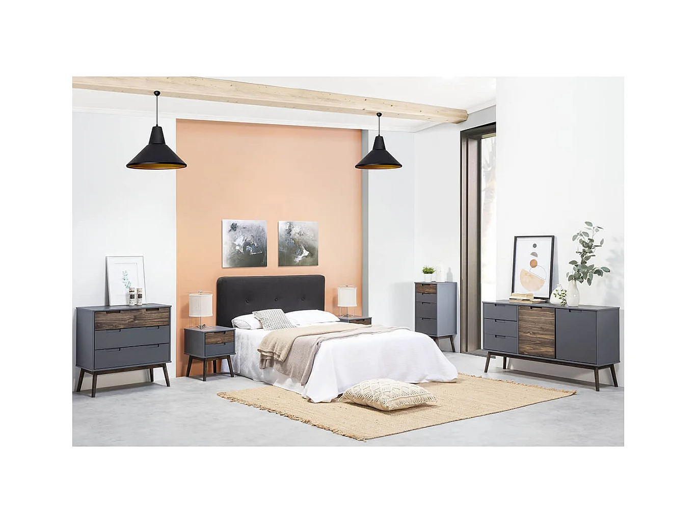 ESTRELLA - Commode 3 Tiroirs Pin Massif Gris et Naturel