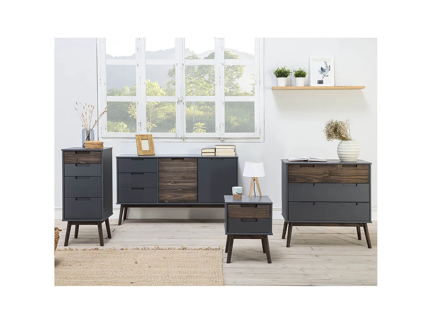 ESTRELLA - Commode 3 Tiroirs Pin Massif Gris et Naturel