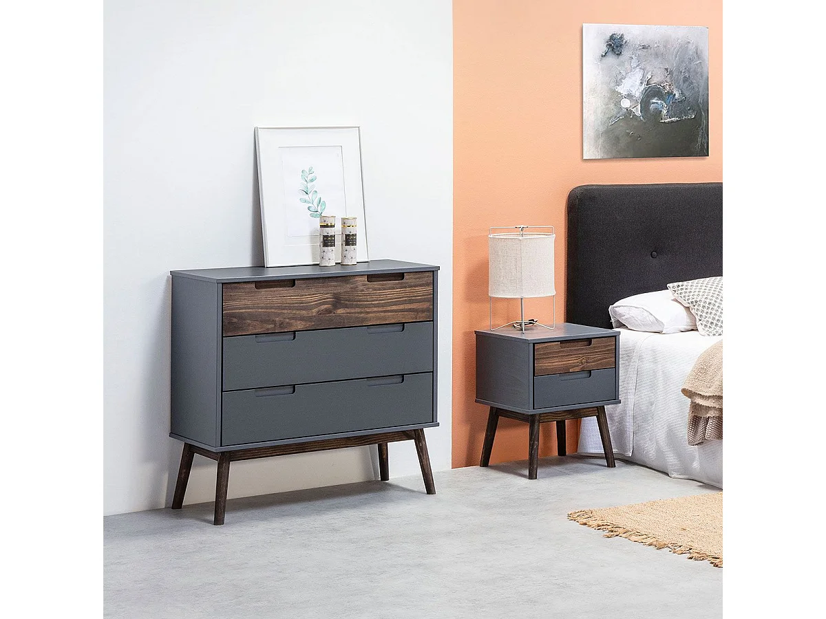 ESTRELLA - Commode 3 Tiroirs Pin Massif Gris et Naturel