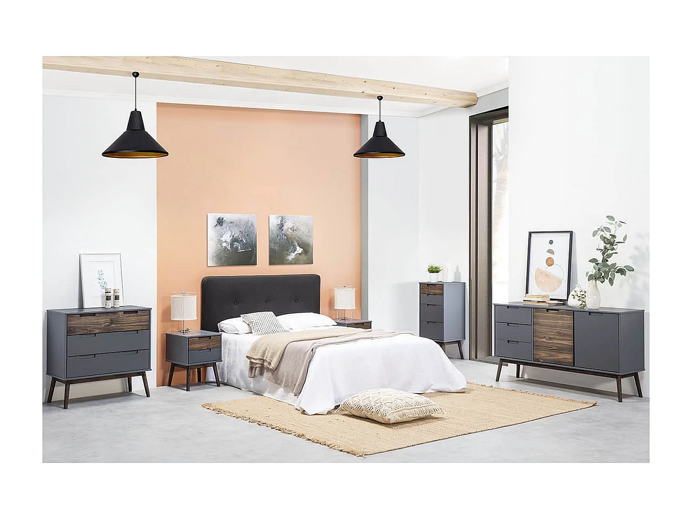 ESTRELLA - Commode 3 Tiroirs Pin Massif Gris et Naturel