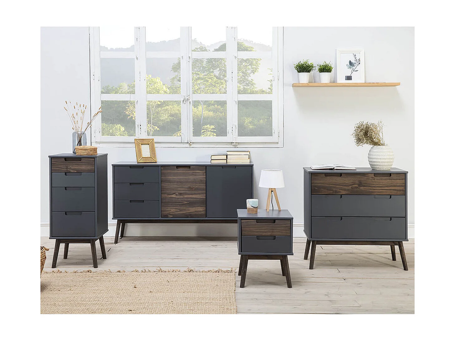 ESTRELLA - Commode 3 Tiroirs Pin Massif Gris et Naturel