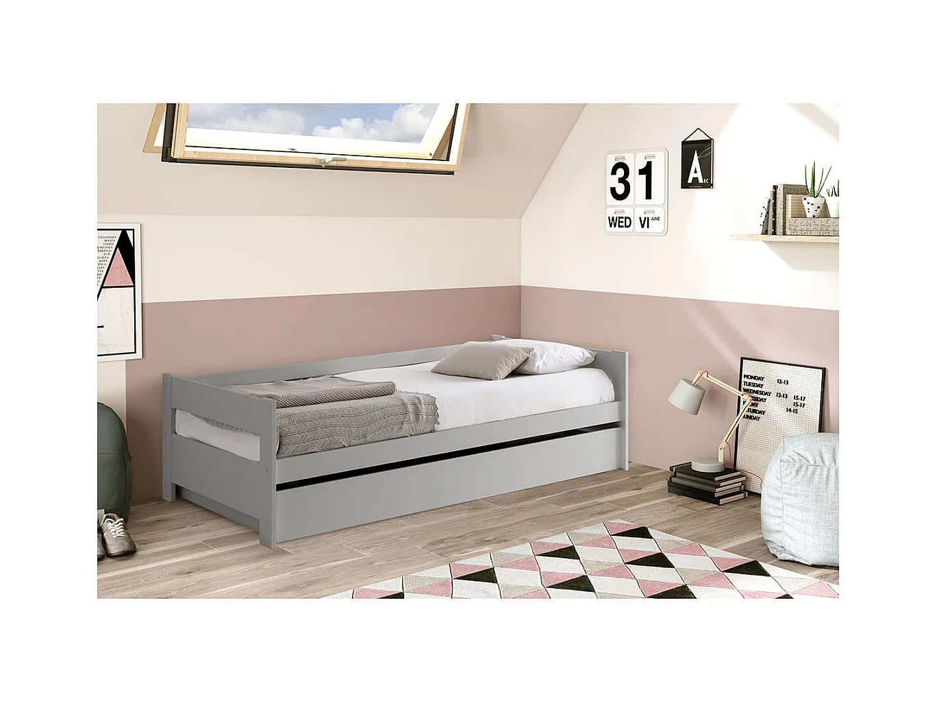 LAMOZA - Lit 90x190cm + Tiroir Gris Clair Laqué et Naturel