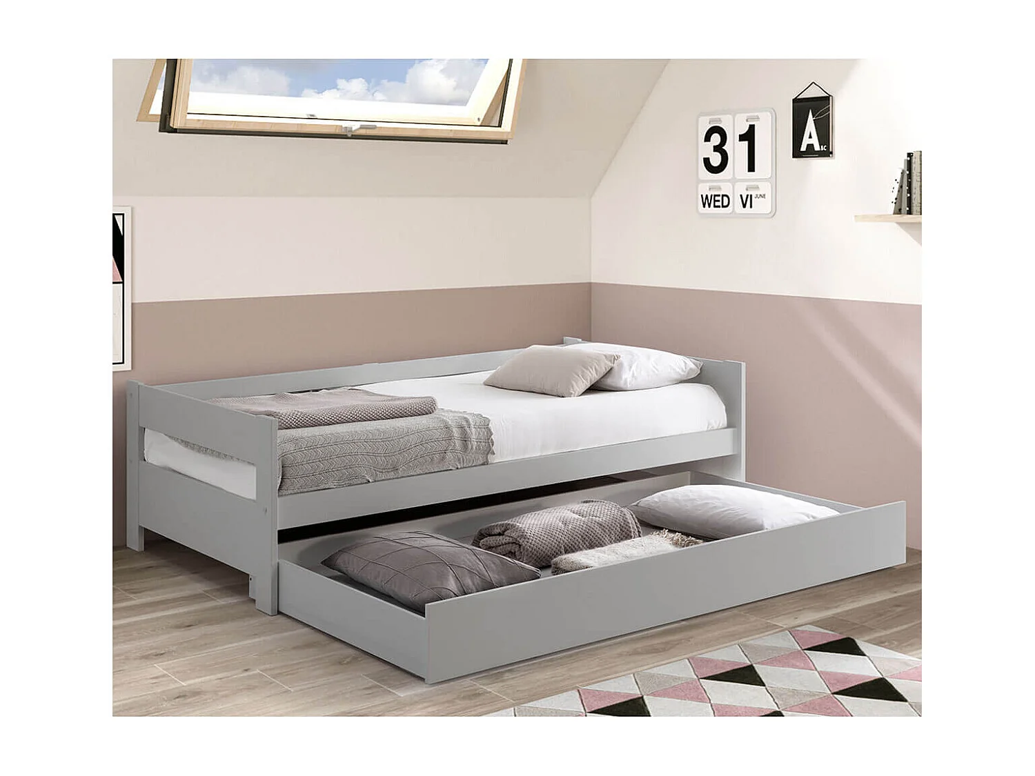 LAMOZA - Lit 90x190cm + Tiroir Gris Clair Laqué et Naturel