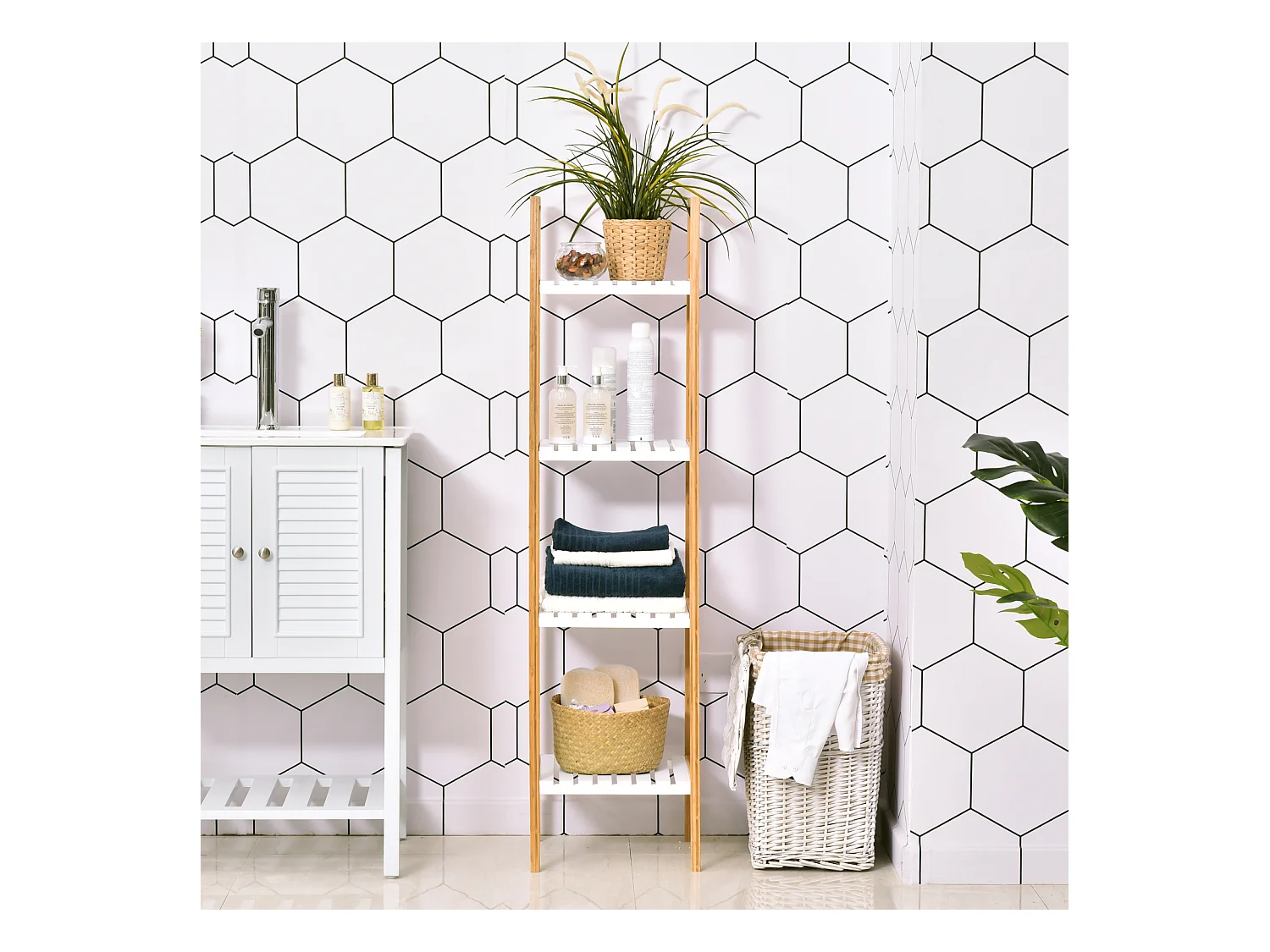 Etagère en bambou de salle de bain 4 niveaux à lattes dim. 35L x 36l x 138H cm bois pin blanc