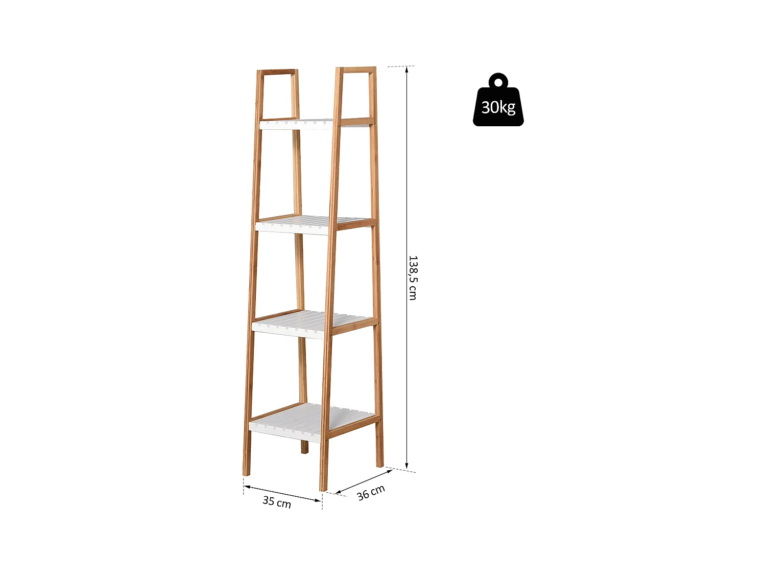 Etagère en bambou de salle de bain 4 niveaux à lattes dim. 35L x 36l x 138H cm bois pin blanc