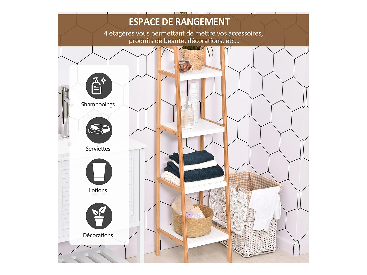 Etagère en bambou de salle de bain 4 niveaux à lattes dim. 35L x 36l x 138H cm bois pin blanc