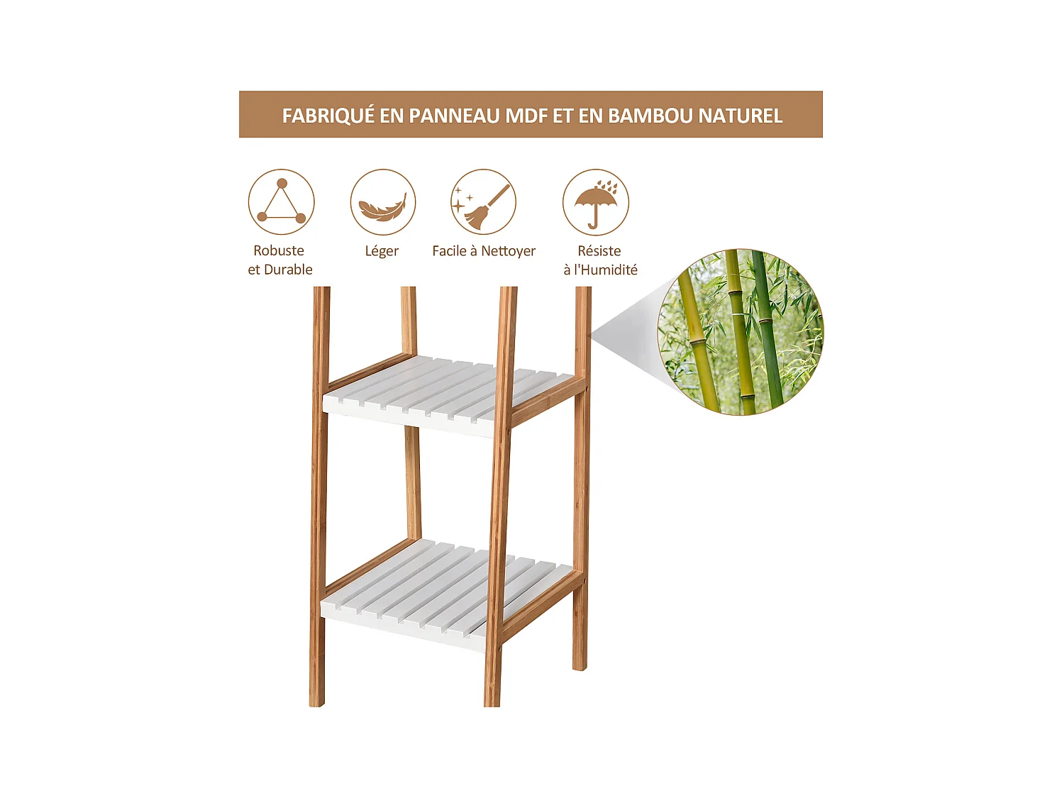 Etagère en bambou de salle de bain 4 niveaux à lattes dim. 35L x 36l x 138H cm bois pin blanc