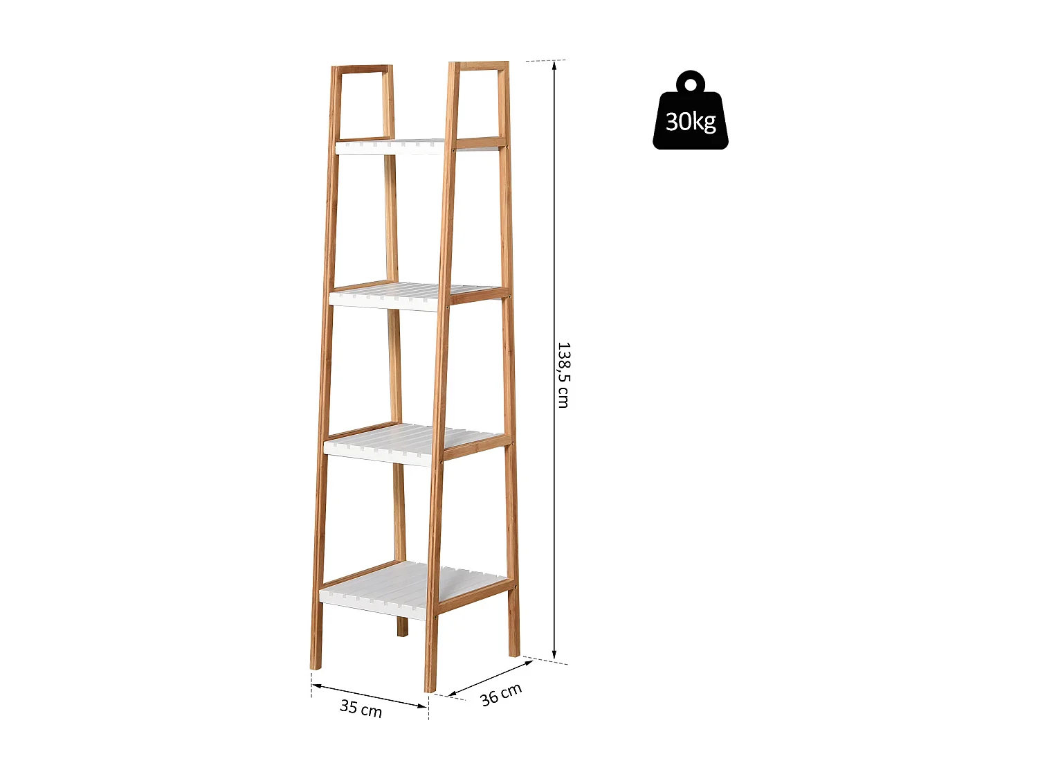 Etagère en bambou de salle de bain 4 niveaux à lattes dim. 35L x 36l x 138H cm bois pin blanc