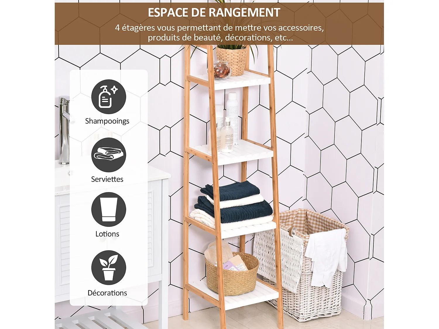 Etagère en bambou de salle de bain 4 niveaux à lattes dim. 35L x 36l x 138H cm bois pin blanc