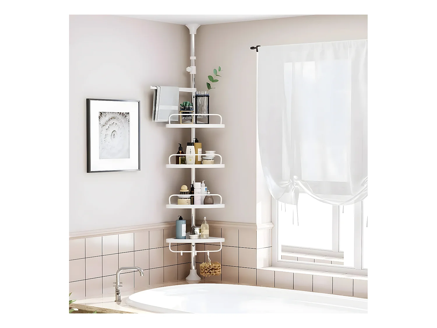 Étagère d'angle de douche télescopique avec 4 plateaux, 3 crochets et 1 porte serviette - H95-300 cm