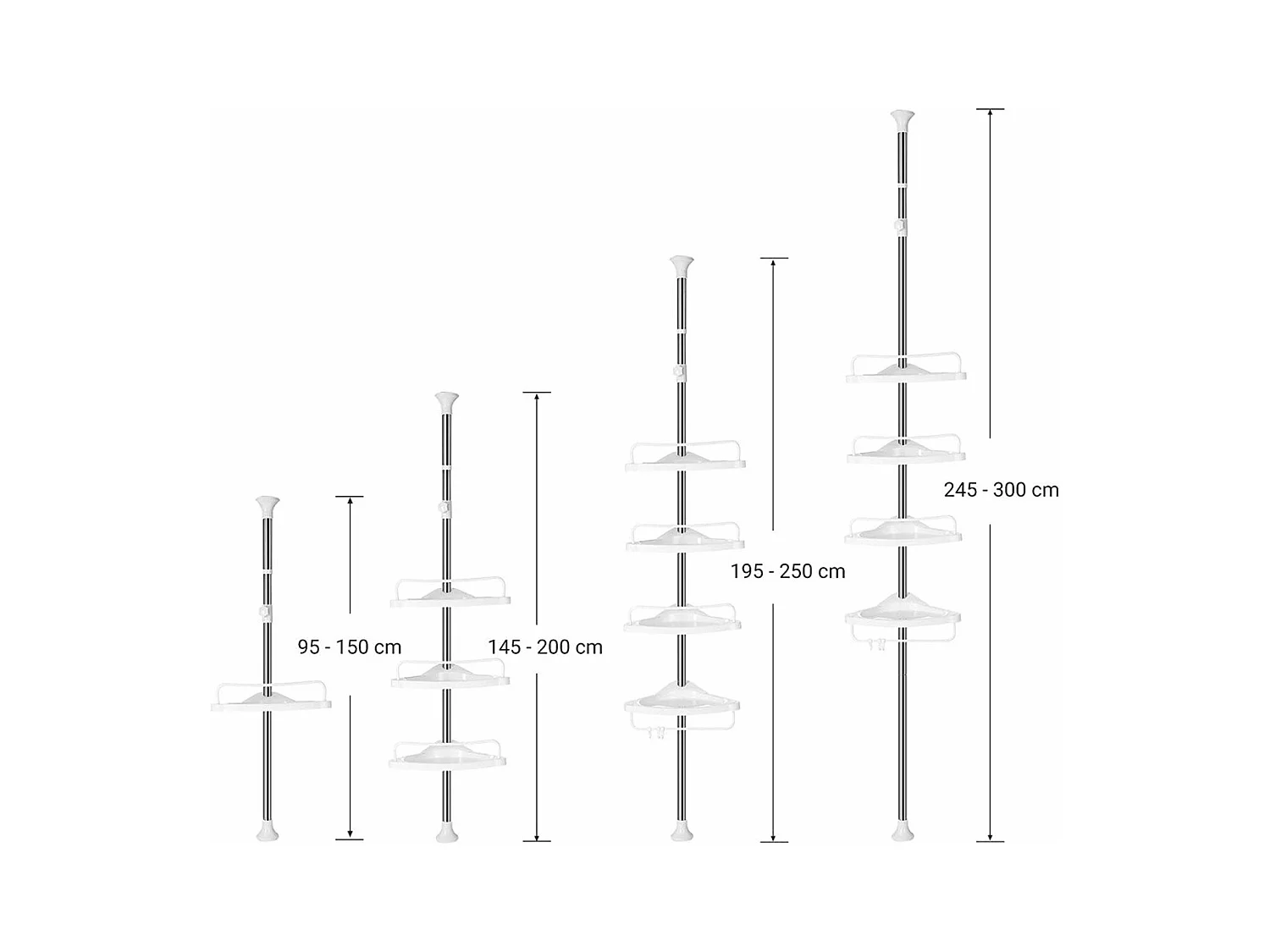 Étagère d'angle de douche télescopique avec 4 plateaux, 3 crochets et 1 porte serviette - H95-300 cm
