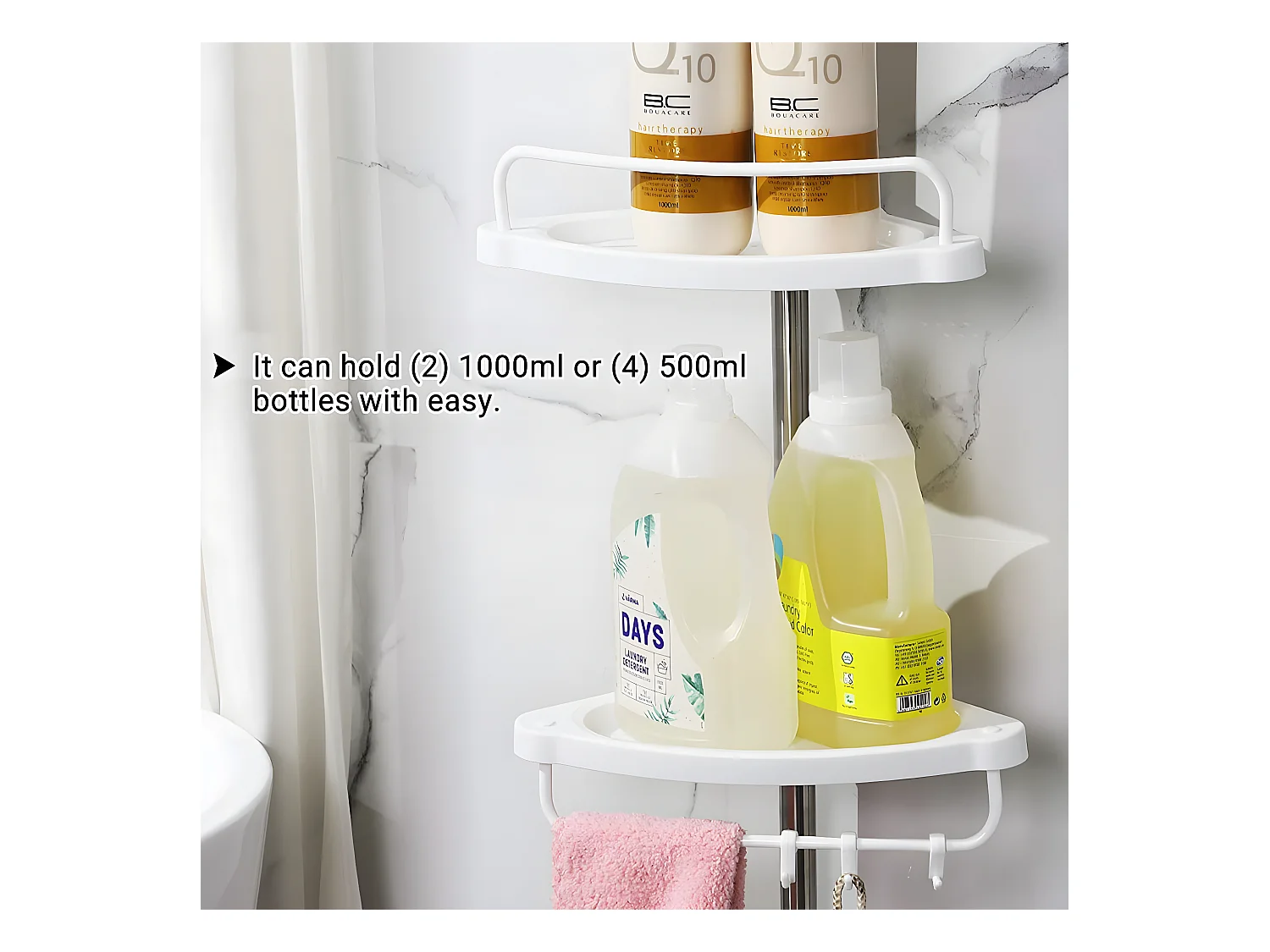 Étagère d'angle de douche télescopique avec 4 plateaux, 3 crochets et 1 porte serviette - H95-300 cm