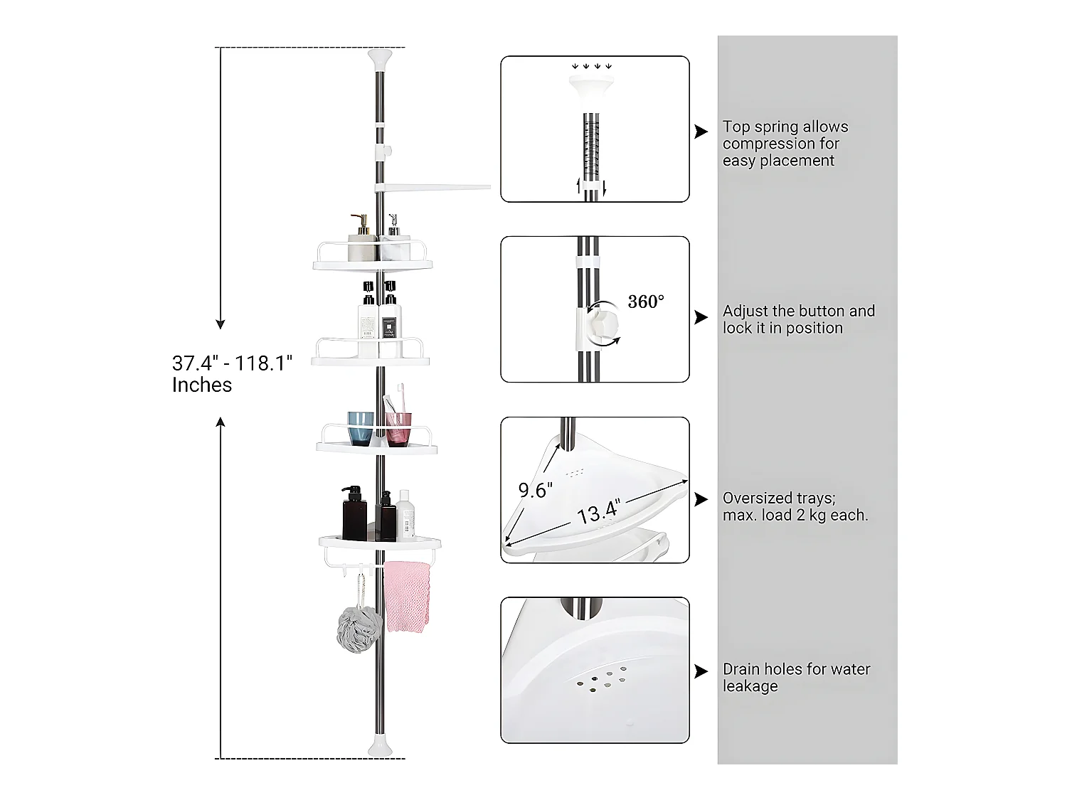 Étagère d'angle de douche télescopique avec 4 plateaux, 3 crochets et 1 porte serviette - H95-300 cm