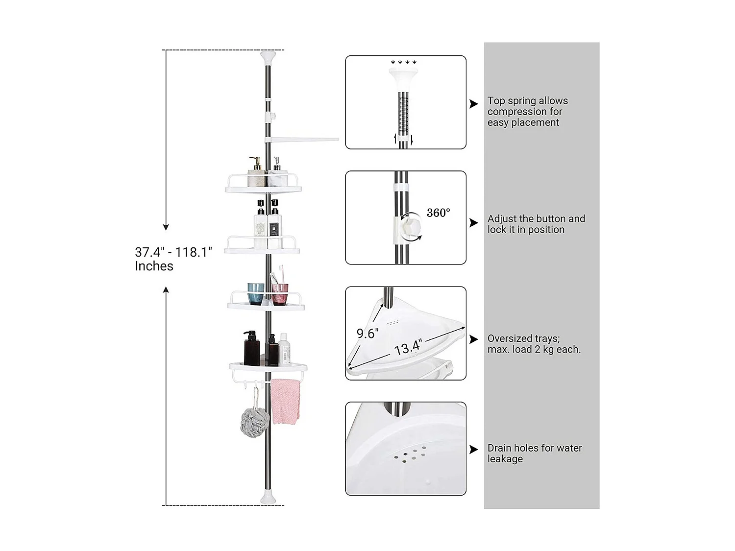 Hoekdoucherek met telescopische stang, 4 planken, 3 haken en 1 handdoekhouder - H95-300 cm