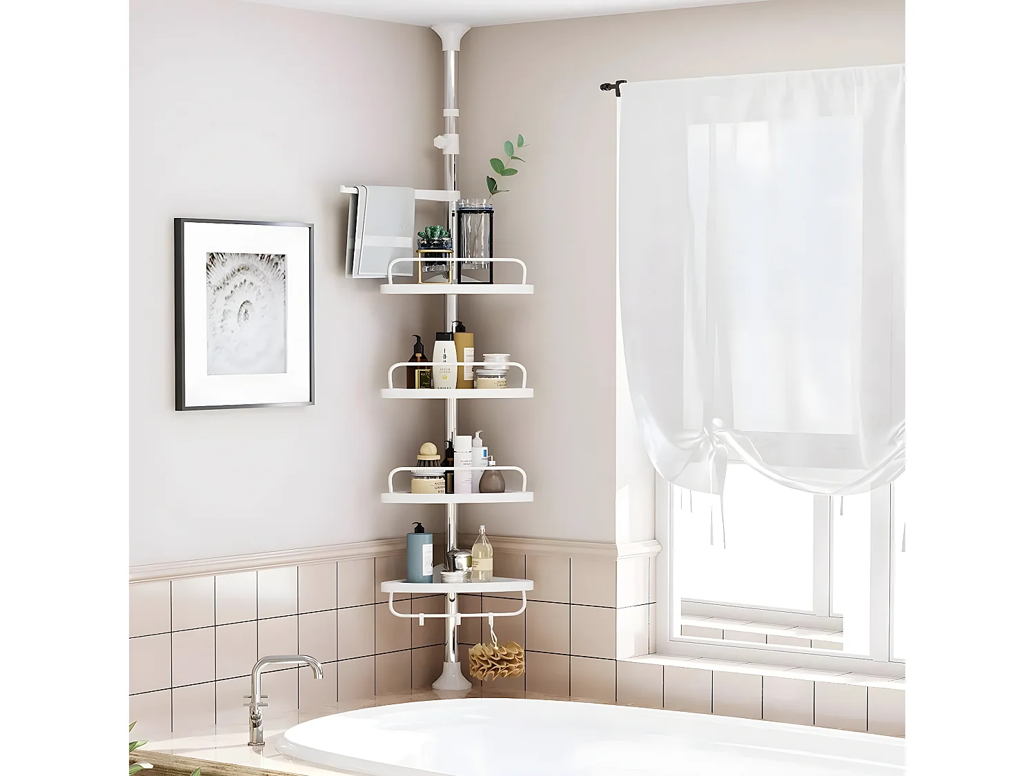 Hoekdoucherek met telescopische stang, 4 planken, 3 haken en 1 handdoekhouder - H95-300 cm