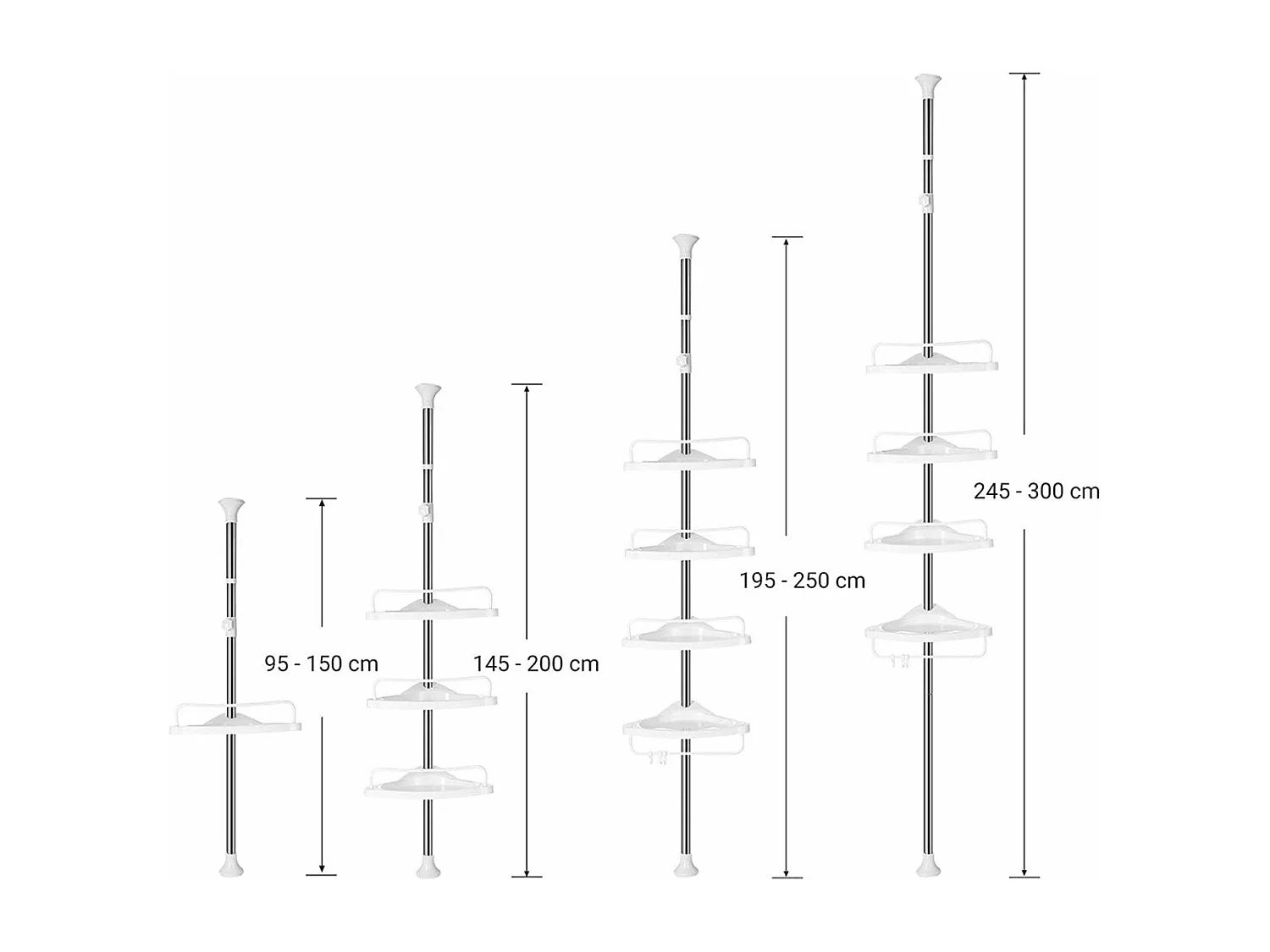 Hoekdoucherek met telescopische stang, 4 planken, 3 haken en 1 handdoekhouder - H95-300 cm