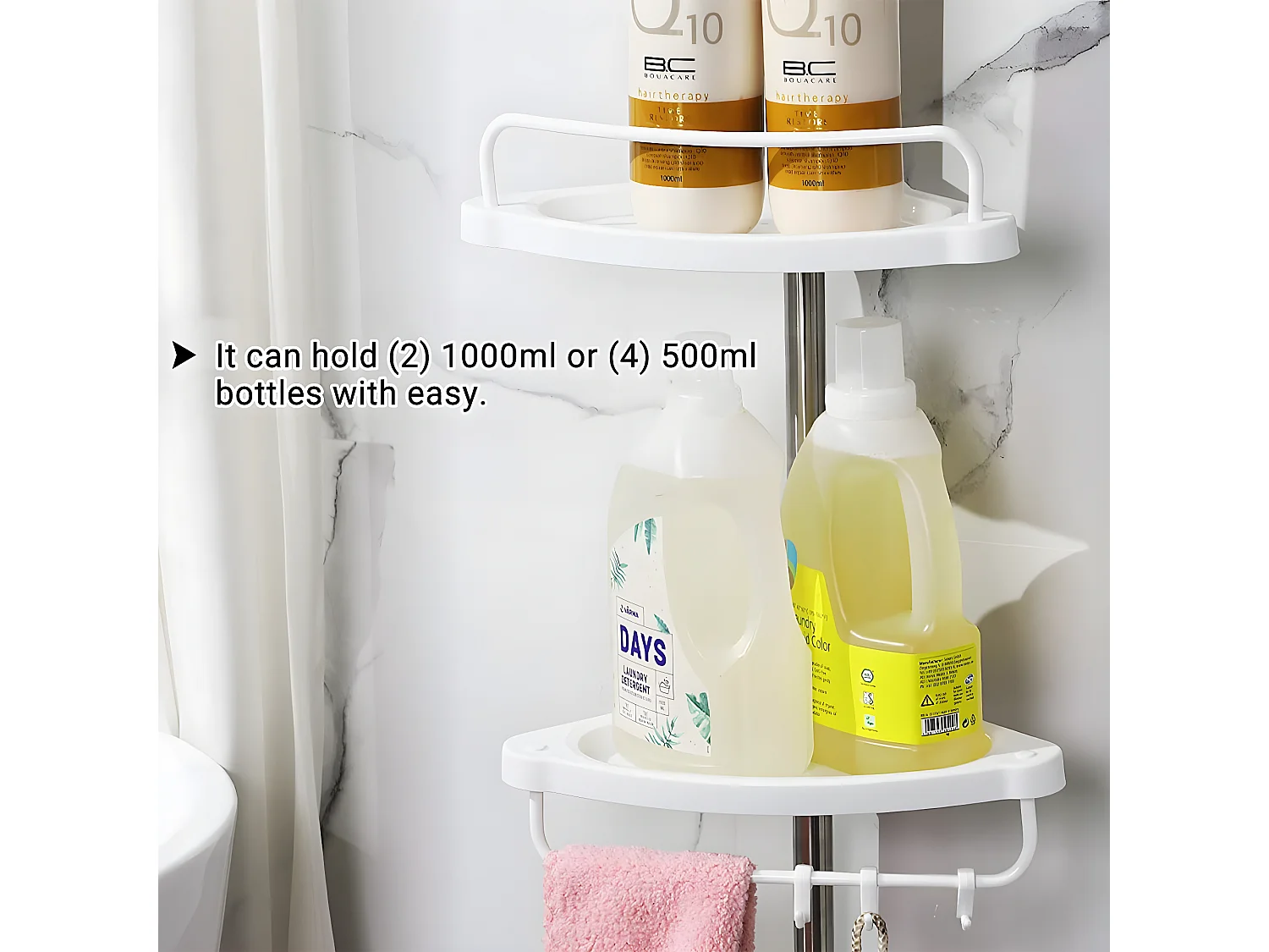 Hoekdoucherek met telescopische stang, 4 planken, 3 haken en 1 handdoekhouder - H95-300 cm