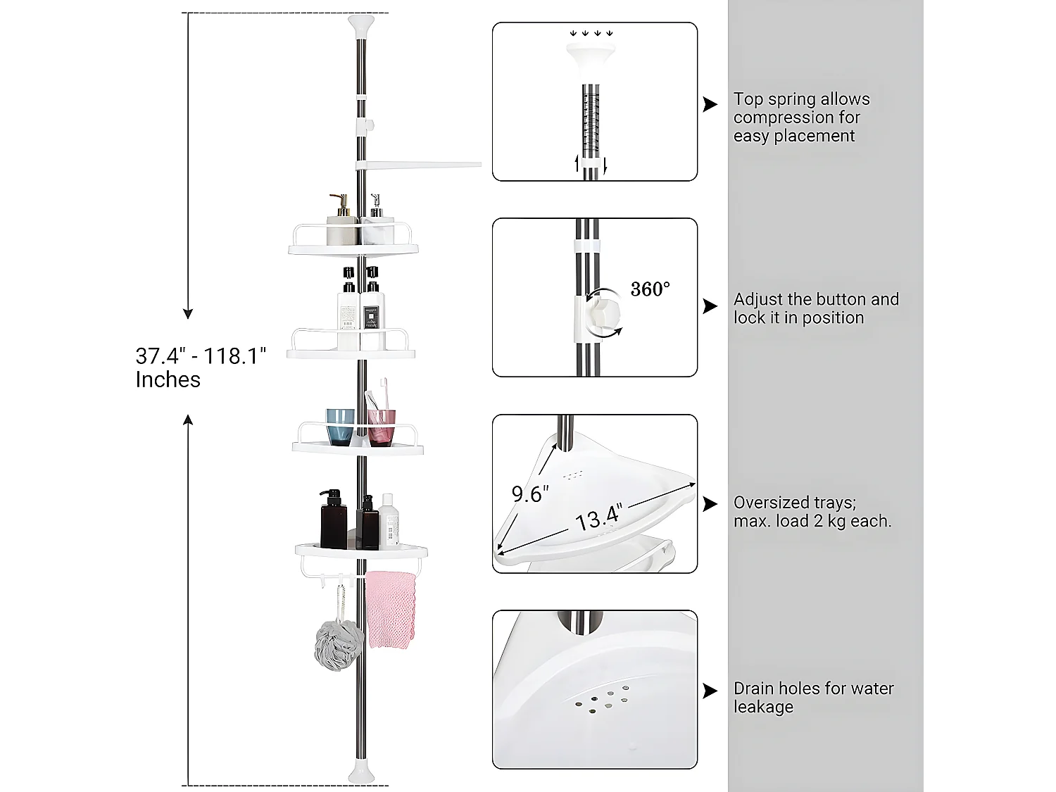 Hoekdoucherek met telescopische stang, 4 planken, 3 haken en 1 handdoekhouder - H95-300 cm