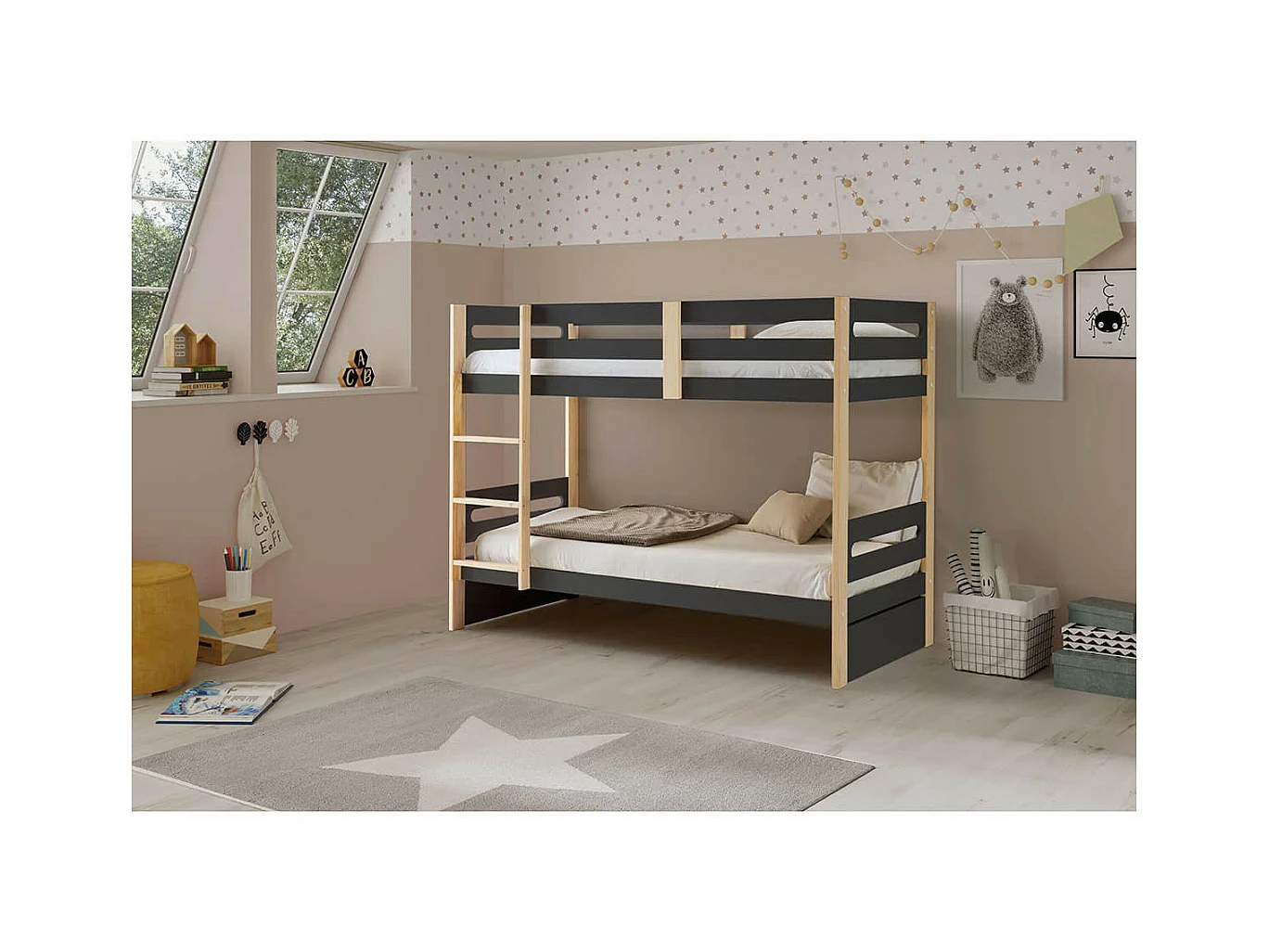 PERAUD - Lits Superposés 90x190cm Gris Anthracite et Naturel