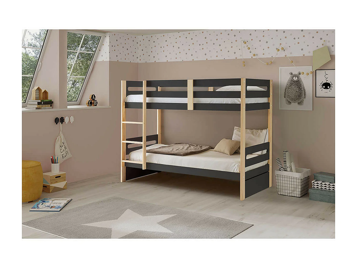 PERAUD - Lits Superposés 90x190cm Gris Anthracite et Naturel