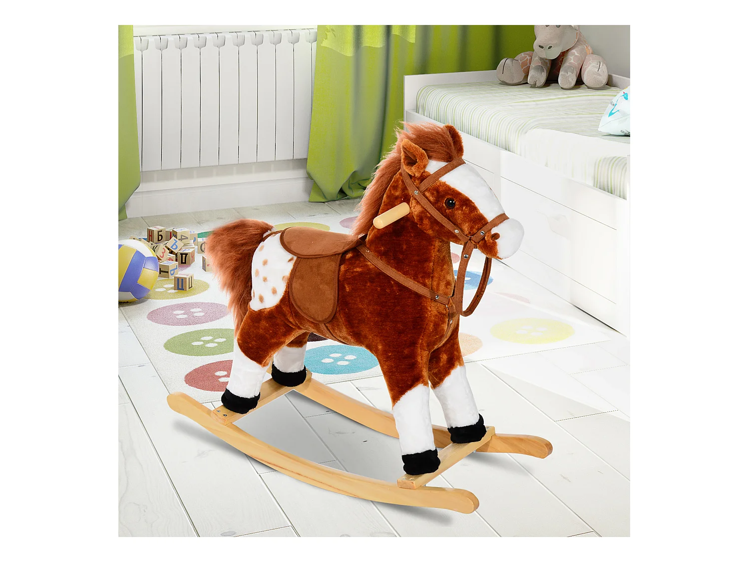 Cheval à bascule cheval de cowboy effet sonore selle rênes marron blanc