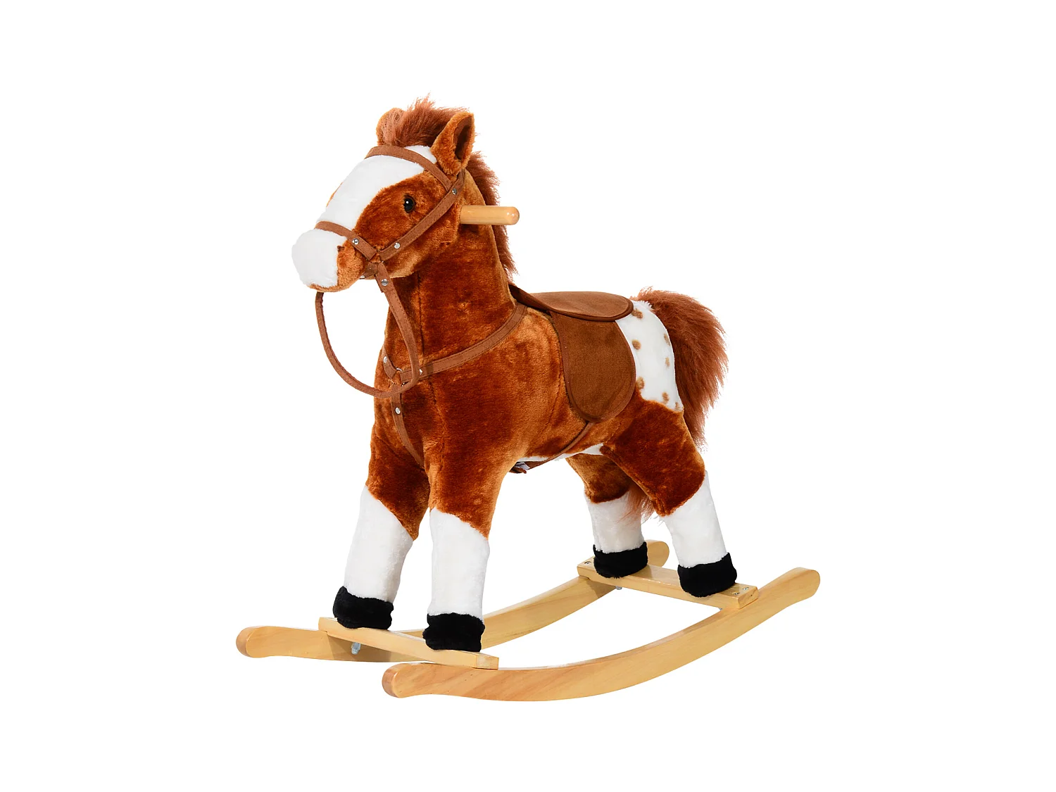 Cheval à bascule cheval de cowboy effet sonore selle rênes marron blanc