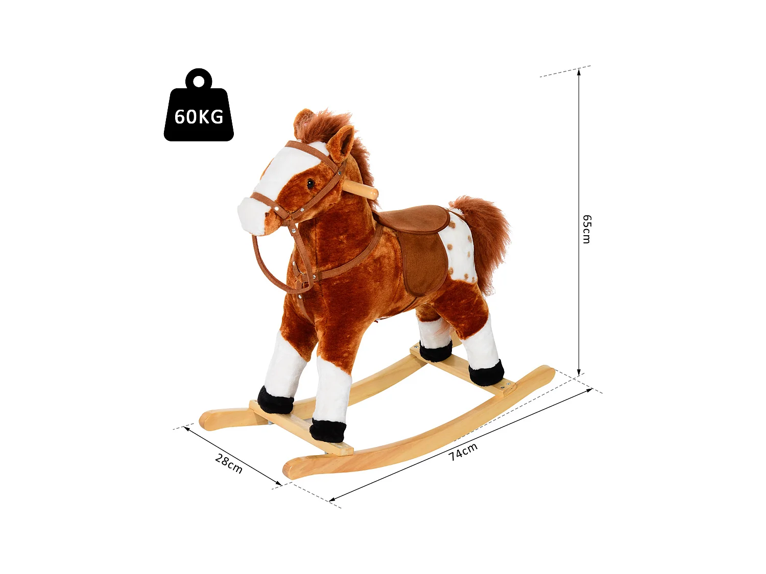 Cheval à bascule cheval de cowboy effet sonore selle rênes marron blanc