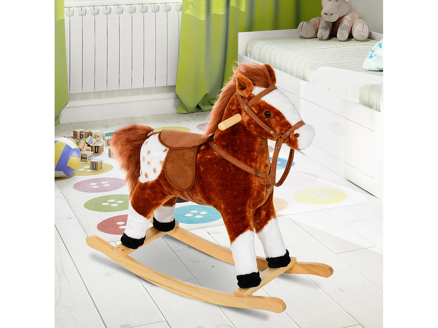 Cheval à bascule cheval de cowboy effet sonore selle rênes marron blanc