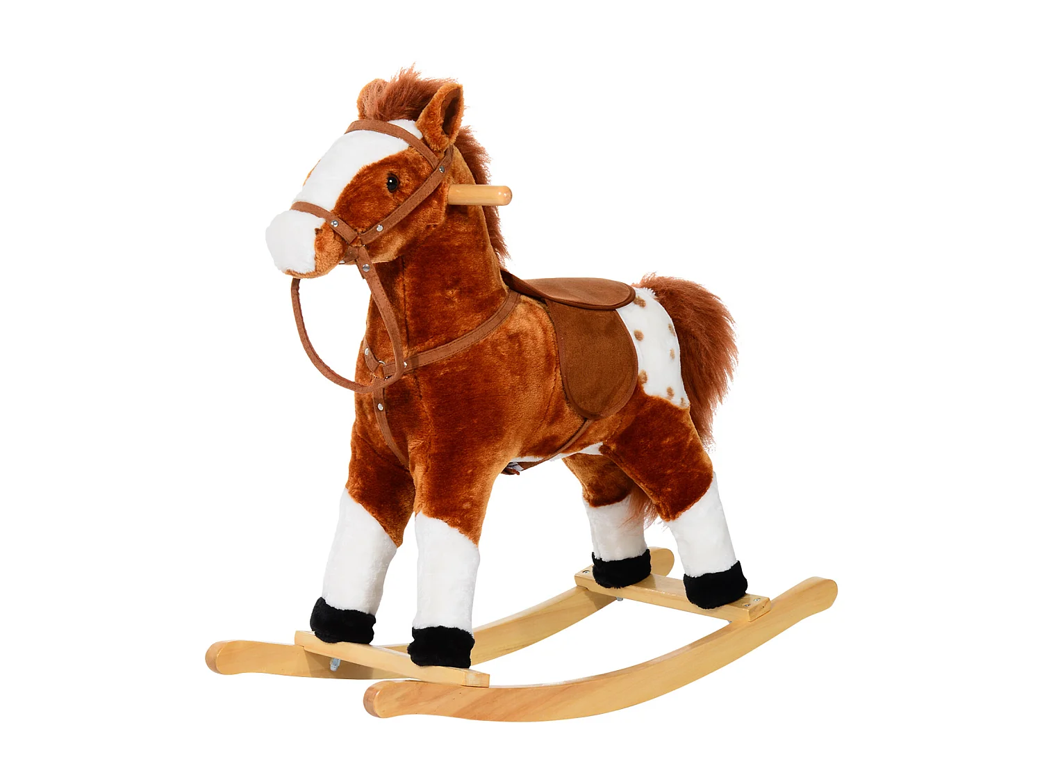 Cheval à bascule cheval de cowboy effet sonore selle rênes marron blanc