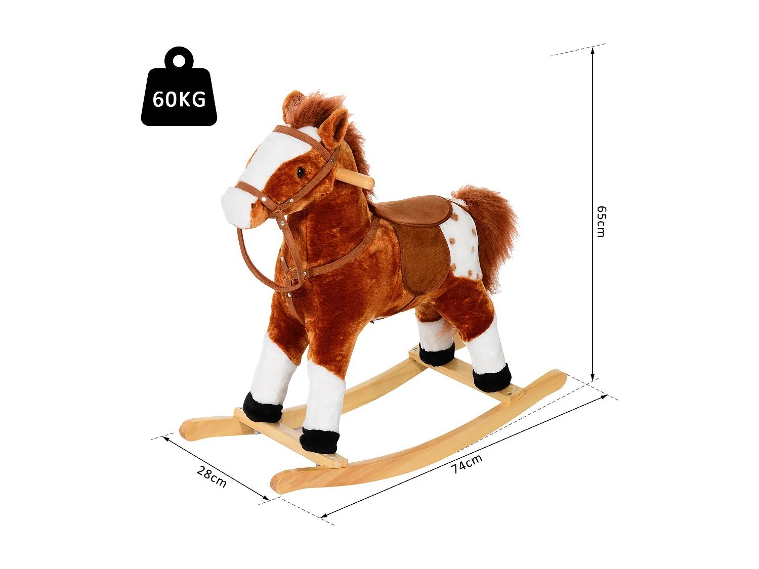 Cheval à bascule cheval de cowboy effet sonore selle rênes marron blanc