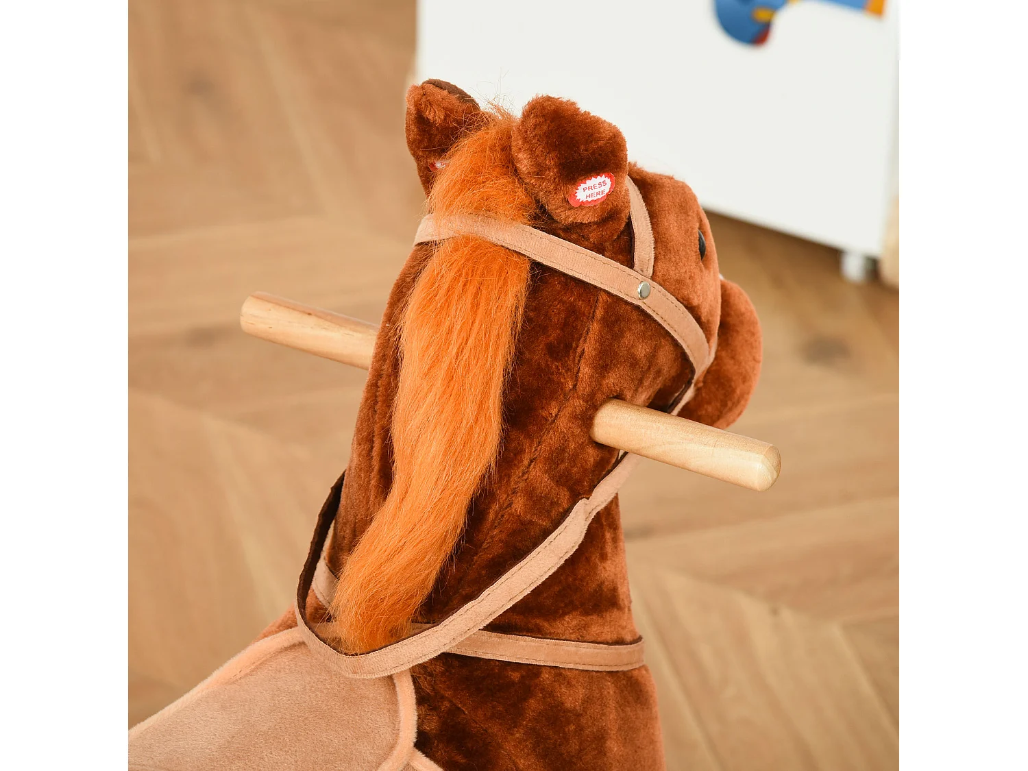 Cheval à bascule cheval de cowboy effet sonore selle rênes marron blanc