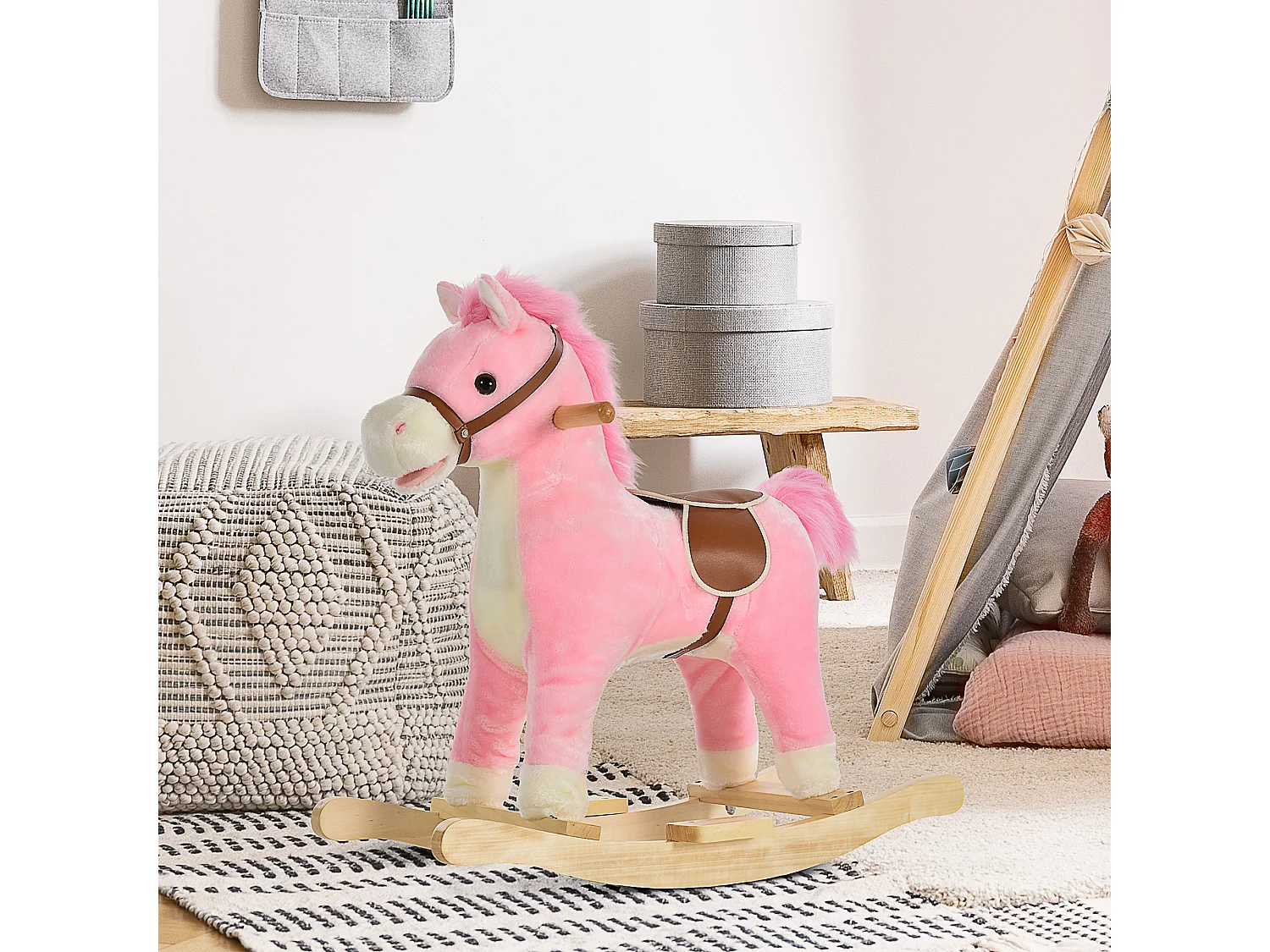Cheval à bascule selle grand confort peluche courte douce bois peuplier rose dim. 65L x 32,5l x 61H cm