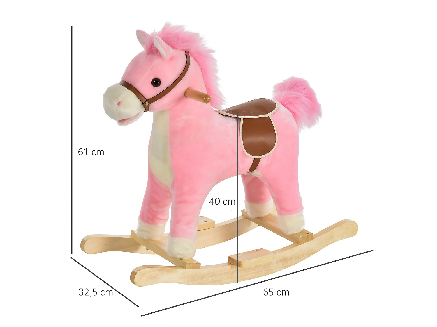 Cheval à bascule selle grand confort peluche courte douce bois peuplier rose dim. 65L x 32,5l x 61H cm